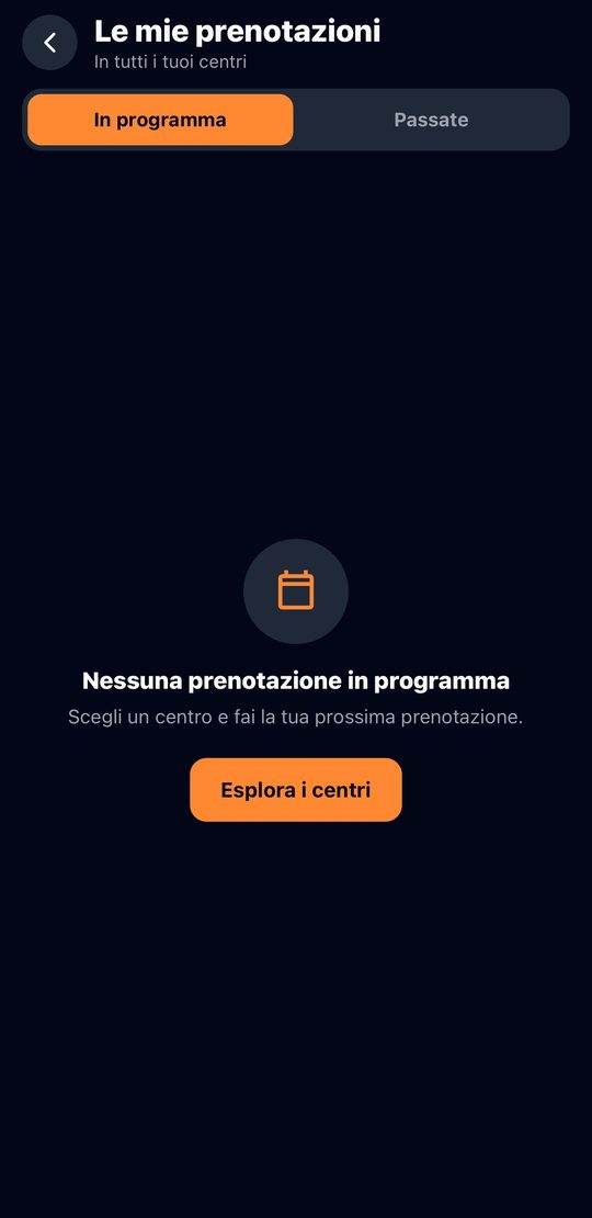 Schermata dell'app Sportivity: le prenotazioni in programma e passate di tutti i centri, con il pulsante Esplora i centri.